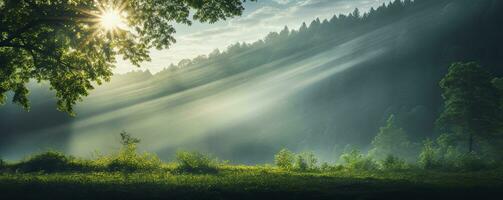 verde foresta alberi con sole raggio sfondo, generativo ai foto