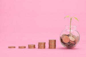 concetto di risparmio di denaro su sfondo rosa foto