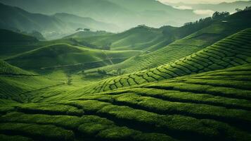 ai generato verde tè piantagione, superiore Visualizza struttura foto