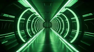 ai generato vuoto verde futuristico tunnel. tecnologia design. foto