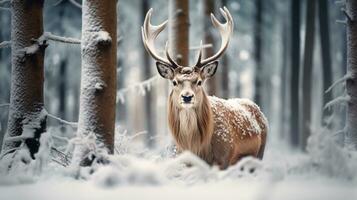 ai generato Natale renna nel un' nevoso foresta. nobile cervo nel il in profondità boschi foto