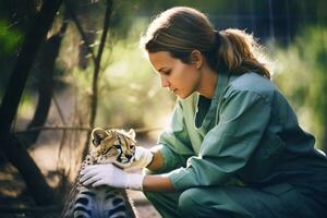 ai generato un' giovane donna, un' natura veterinario nel protettivo Ingranaggio Lavorando con un' piccolo leopardo nel allegato foto