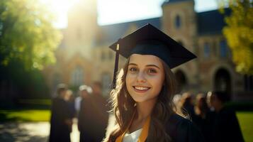 ai generato contento sorridente femmina alunno laureato in piedi con il educativo istituzione edificio dietro a foto