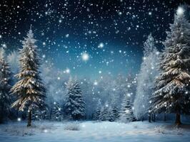 ai generato Natale paesaggio con inverno neve coperto alberi foto