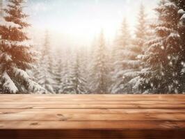 ai generato Natale inverno paesaggio con un vuoto di legno tavolo foto