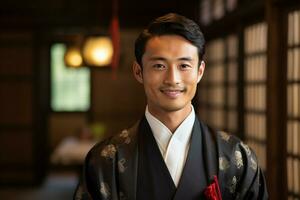 giapponese uomo indossare un' hakama e sorridente bokeh stile sfondo foto