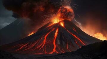 ai generativo vulcano eruzione con massiccio alto scoppia di lava e caldo nuvole Soaring alto in il cielo, piroclastico flusso nel Asia krakatoa foto