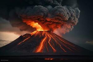 ai generativo vulcano eruzione con massiccio alto scoppia di lava e caldo nuvole Soaring alto in il cielo, piroclastico flusso nel Asia krakatoa foto