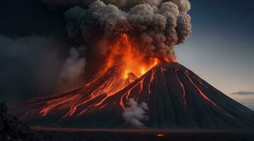 ai generativo vulcano eruzione con massiccio alto scoppia di lava e caldo nuvole Soaring alto in il cielo, piroclastico flusso nel Asia krakatoa foto