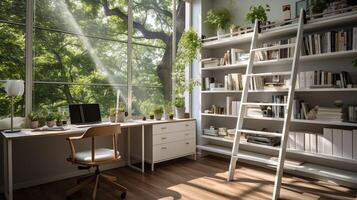 ai generato un' minimo casa ufficio con Visualizza a partire dal finestra, montaggio a parete scrivania, moderno sedia e un' libreria foto