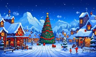 Natale Festival backgroud con decorazione Natale albero, Pan di zenzero Casa, renna, Santa Claus e ornamento pixel arte retrò rpg gioco 8 bit 16 bit 32 bit stile - ai generato foto