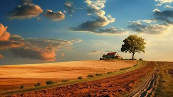 bellissimo rurale paesaggio. rurale strada nel il campo a tramonto. foto