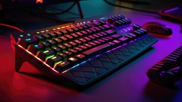 computer tastiera con neon guidato luci su un' buio sfondo foto