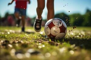 bambino giocando calcio su il campo. poco ragazzo calciando un' calcio sfera. foto
