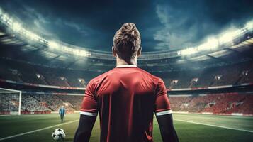 posteriore Visualizza di calcio giocatore in piedi contro calcio stadio con luci e razzi foto