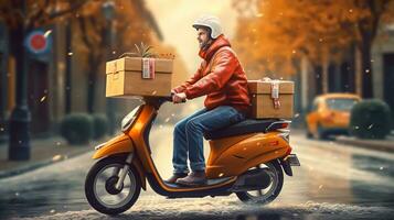 consegna uomo su scooter con scatole nel il città. consegna servizio concetto. foto