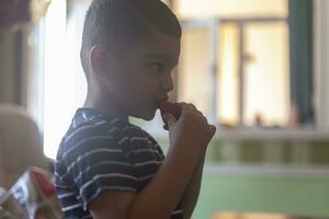 un' poco ragazzo mangiare fragole. estate cibo. un' giovane ragazzo mangia un' delizioso fragola nel caldo estate giorno foto