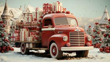 ai generato generativo ai, Vintage ▾ Natale auto con molti i regali, blu e rosso colori. saluto natale carta, inverno vacanze foto