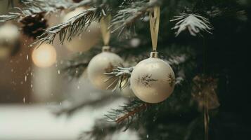 ai generato generativo ai, Natale albero con palle, sfocato sfondo, vacanza decorazione foto