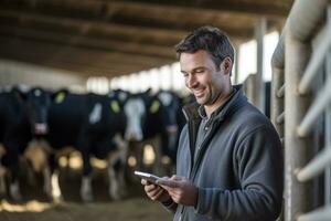 un' uomo Tenere un' tavoletta per dai un'occhiata produzione nel un' bestiame azienda agricola con generativo ai foto