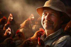 maschio contadino su pollo azienda agricola nel il giorno con generativo ai foto