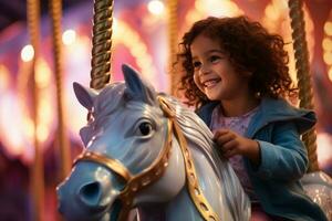 un' contento giovane ragazzo esprimendo eccitazione mentre su un' colorato giostra, ai generativo foto