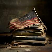 vicino su Visualizza di libri su americano bandiera, ai generativo foto