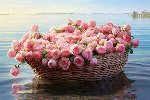 un' di vimini cestino pieno con rosa fiori galleggiante su acqua, ai generativo foto