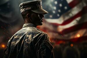 silhouette di soldati con americano bandiera, ai generativo foto