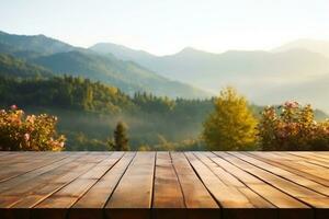 di legno tavolo terrazza con mattina fresco atmosfera natura paesaggio. generativo ai. foto