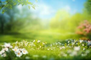 bellissimo sfocato primavera sfondo natura con fioritura radura, alberi e blu cielo su un' soleggiato giorno. generativo ai. foto