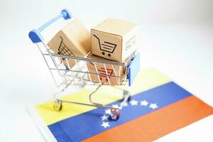 in linea acquisti, shopping carrello scatola su Venezuela bandiera, importare esportare, finanza commercio. foto