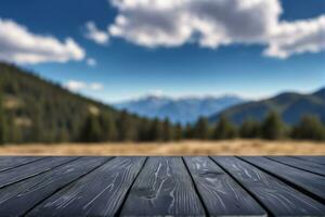 ai generato vuoto nero di legno tavolo con sfocato montagne picco e collina Visualizza scenario sfondo ai generato foto