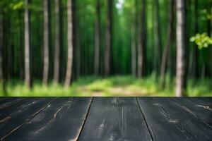 ai generato vuoto nero di legno tavolo con sfocato pino alberi foresta sfondo ai generato foto