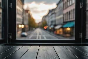 ai generato nero di legno tavolo nel davanti di finestra con sfocato strada Visualizza sfondo ai generato foto