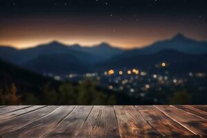 ai generato vuoto di legno tavolo con bokeh città luci, sfocato montagne picco, e collina Visualizza scenario sfondo a notte ai generato foto