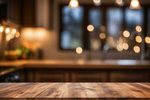 ai generato vuoto di legno tavolo con sfocato debolmente illuminato cucina sfondo ai generato foto