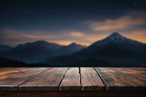 ai generato vuoto di legno tavolo con bokeh città luci, sfocato montagne picco, e collina Visualizza scenario sfondo a notte ai generato foto