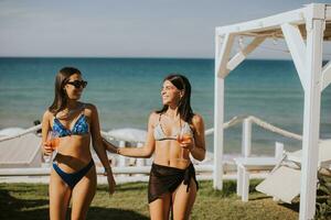 sorridente giovane donne nel bikini godendo vacanza su il spiaggia foto