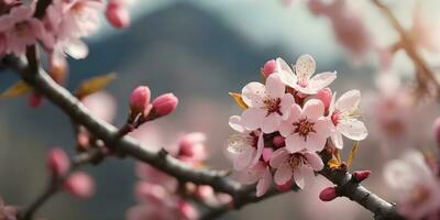 un' realistico un' vicino su di un' ciliegia fiorire albero ai generato foto