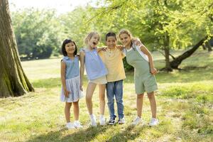 gruppo di asiatico e caucasico bambini avendo divertimento nel il parco foto