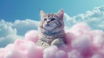 ai generativo carino soriano gatto seduta su un' nube con blu cielo sfondo foto