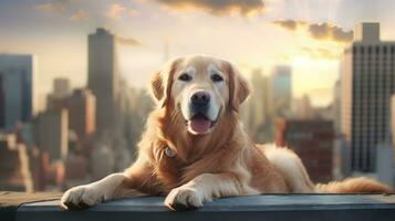 ai generativo d'oro cane da riporto cane su il tetto con paesaggio urbano sfondo. foto