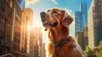 ai generativo d'oro cane da riporto cane ritratto su il sfondo di grattacieli foto