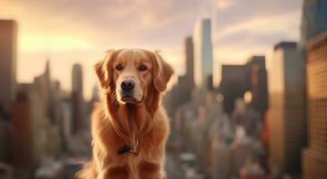 ai generativo d'oro cane da riporto cane ritratto nel nuovo York città a tramonto. foto