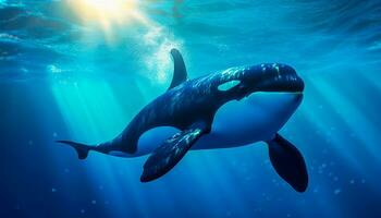 uccisore balena orcino orca subacqueo vicino su guardare per preda esposto per luce del sole foto