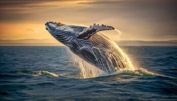 gobba balena salto su di il acqua a tramonto, il balena è spruzzatura acqua e pronto per autunno su suo indietro foto