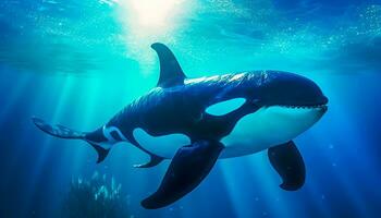 uccisore balena orcino orca subacqueo vicino su guardare per preda esposto per luce del sole foto