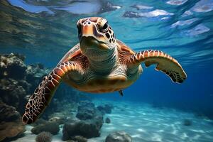 verde mare tartaruga nuoto vicino bellissimo corallo scogliera, sotto acqua mare tartarughe vicino su foto