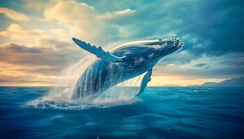 gobba balena salto su di il acqua a tramonto, il balena è spruzzatura acqua e pronto per autunno su suo indietro foto